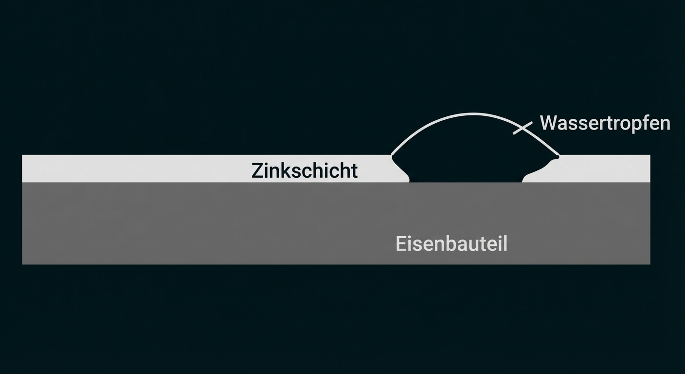 Querschnitt eines Eisenbauteils mit Zinkschicht und einem Wassertropfen auf der Oberfläche